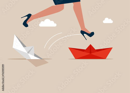 Ditch the drowning boat. Flat vector illustration.