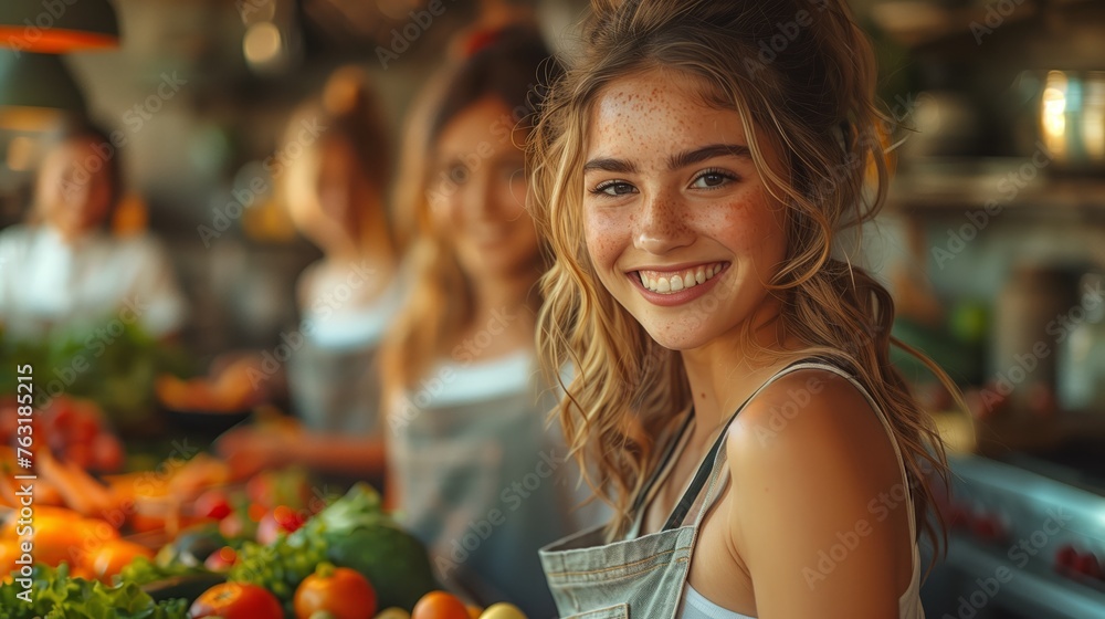 a woman is standing in front of a table full of vegetables and smiling a woman is standing in front of a table full of vegetables and smiling