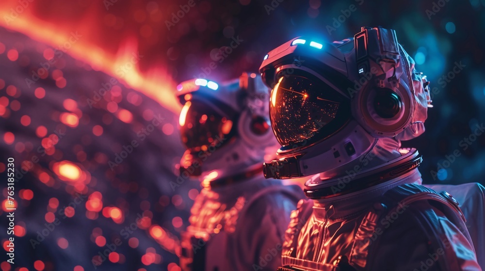 Astronauts Gazing At Cosmic Lights, Futuristic Space Suits With Reflective Visors, Sci-Fi Poster. Human Space Flight, Space Exploration, and Science Fiction. AI Generated - obrazy, fototapety, plakaty 