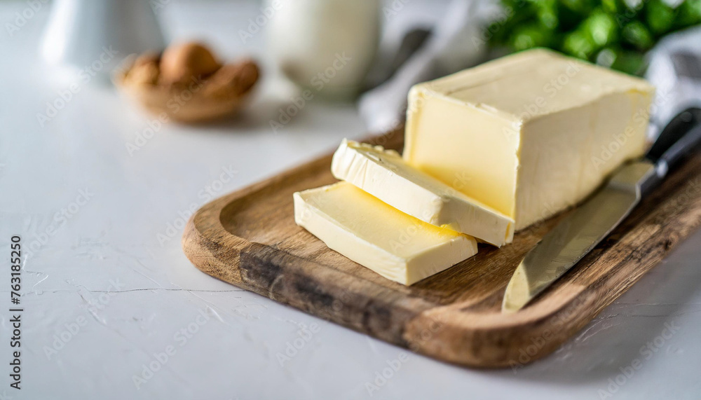 Blocks of butter on white kitchen surface symbolize indulgence and purity, evoking notions of richness and health-conscious living and possible cholesterol issues 