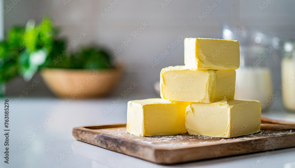 Blocks of butter on white kitchen surface symbolize indulgence and purity, evoking notions of richness and health-conscious living and possible cholesterol issues Blocks of butter on white kitchen surface symbolize indulgence and purity, evoking notions of richness and health-conscious living and possible cholesterol issues