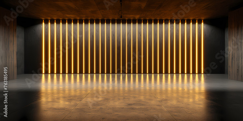 Abstract Neon Background  Modern Wallpaper With Glowing Gold Vertical Lines - A Room With Lights On The Wall