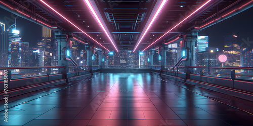 Abstract Neon Background, Empty Tunnel With Pink Glowing Lines - A Large Room With A City View