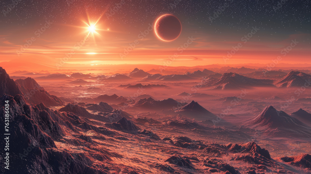A breathtaking landscape of a rocky alien planet with a sunset and a ringed planet on the horizon under a star-filled sky.