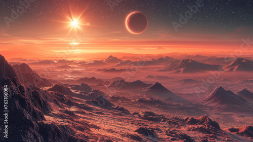 A breathtaking landscape of a rocky alien planet with a sunset and a ringed planet on the horizon under a star-filled sky.