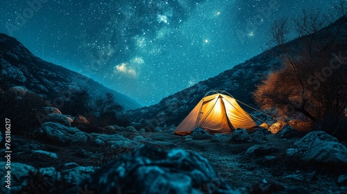 A single isolated tent under the star-filled night sky AI generated illustration
