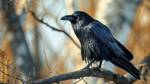 A single raven perched on a bare tree branch AI generated illustration