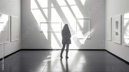 Silhouette of a person in a modern art gallery