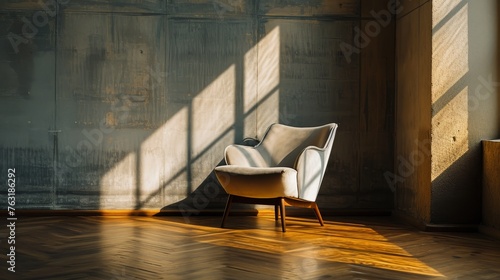 A single sleek modern chair sitting in the middle of an empty hardwood room AI generated illustration
