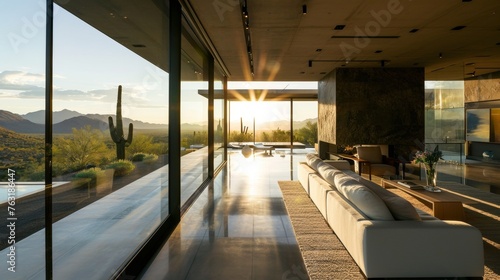 A sleek and modern desert home with clean lines and panoramic views AI generated illustration © Olive Studio