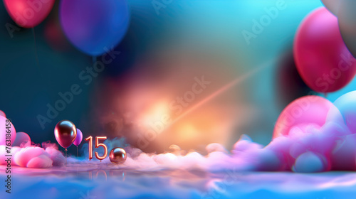 minimalist invitation neon 15th birthday balloons on fog covered blue and pink background with blurred decorative large balloons behind. copy space