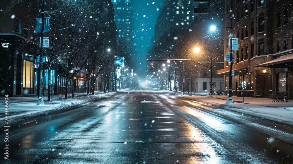A snowfall on an empty city street at night AI generated illustration