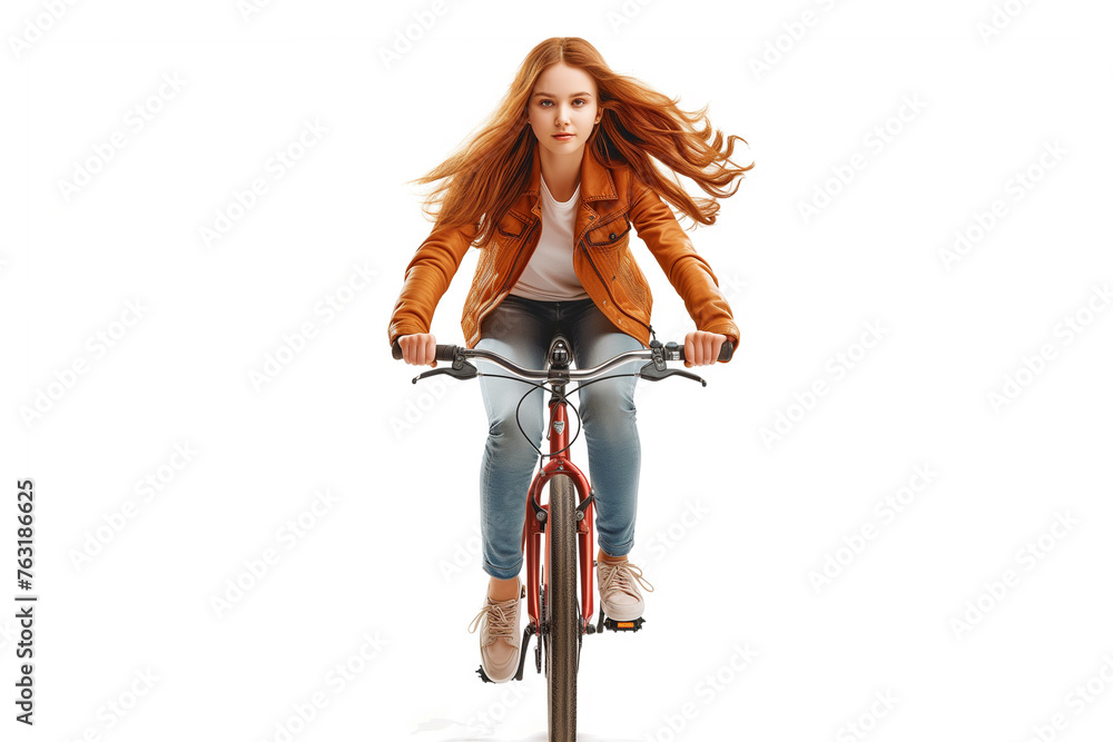 Obraz premium cycle riding young girl isolated on copy space white background, teenage girl riding a bicycle on white background, Girl riding a bicycle, Front view and looking at the camera