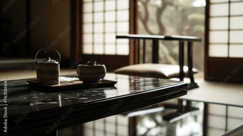 A sole yen on a glossy black table within an empty traditional Japanese room AI generated illustration A sole yen on a glossy black table within an empty traditional Japanese room AI generated illustration