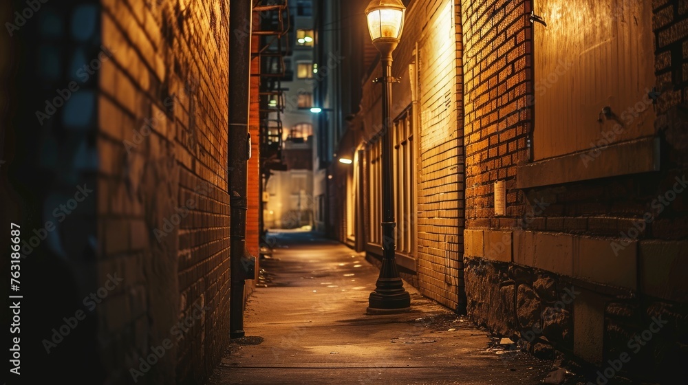 A solitary street lamp in an empty alleyway AI generated illustration