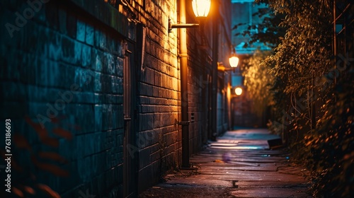A solitary street lamp in an empty alleyway AI generated illustration © Olive Studio