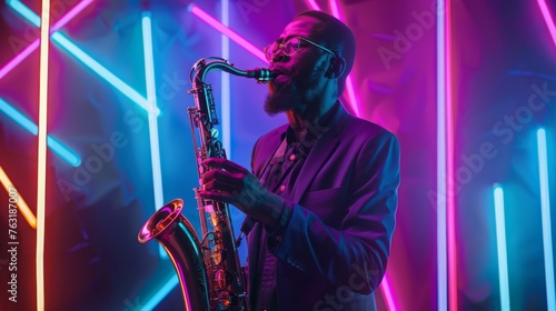African American jazz musician playing saxophone in studio, with neon light