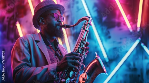 African American jazz musician fully focused on playing the saxophone  with neon studio background