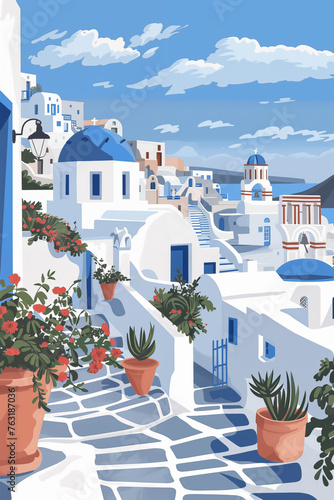 Santorini travel poster, design with traditional white buildings with blue roofs. Ai generated image