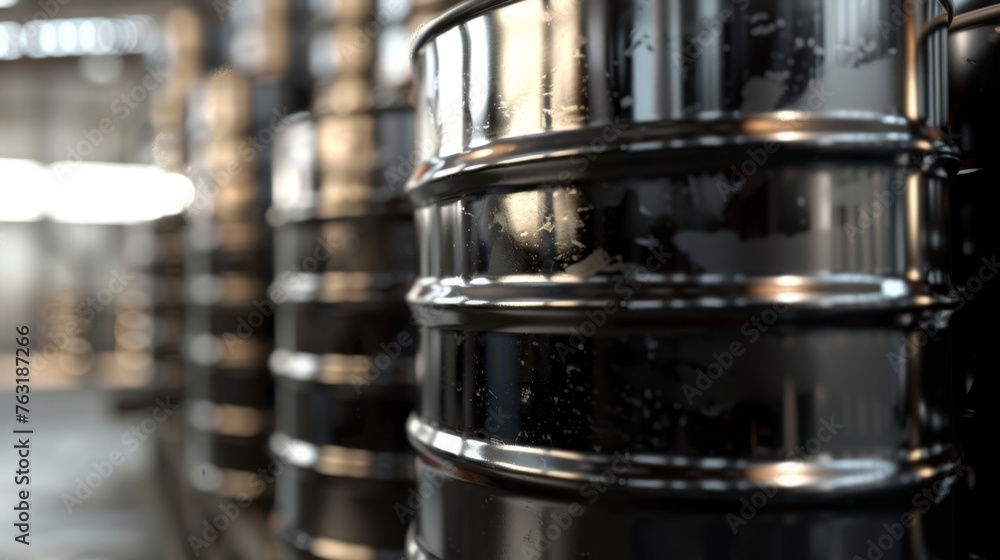 Stack of metal barrels used to store fuel oil, with emphasis on the texture and detail of the barrels Stack of metal barrels used to store fuel oil, with emphasis on the texture and detail of the barrels