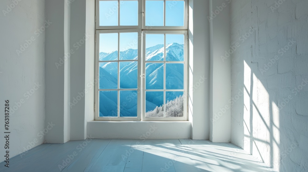 Fototapeta premium A white room with a single window tinted with subtle shades of blue AI generated illustration