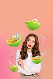 Vertical creative collage picture young gorgeous woman lunch nutrition pasta egg ramen tasty delicious menu order drawing background