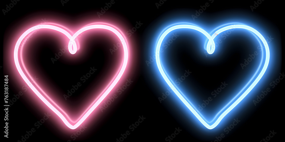 Pink Blue Neon Light Drawing, Couple Of Hearts, Romantic Symbols, Abstract Doodles Isolated On Black Background - A Pair Of Neon Hearts Pink Blue Neon Light Drawing, Couple Of Hearts, Romantic Symbols, Abstract Doodles Isolated On Black Background - A Pair Of Neon Hearts