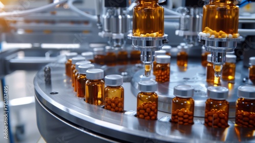 Pharmaceutical machine in a factory fills glass bottles with medicines, demonstrating an automated production process