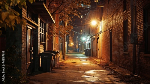 An empty back alley scene illuminated by a single overhead lamp AI generated illustration