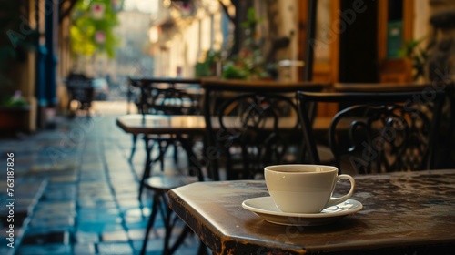 An empty cafe terrace with a single empty cup and saucer AI generated illustration