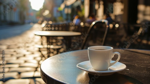 An empty cafe terrace with a single empty cup and saucer AI generated illustration