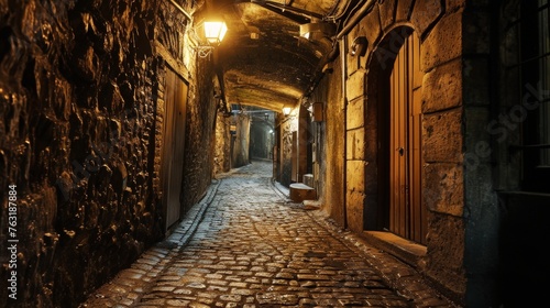 An empty dimly lit cobblestone alleyway AI generated illustration