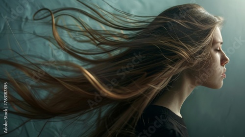 Young woman with long flowing hair to emphasize its smoothness and shine