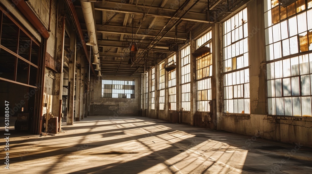 An empty warehouse with tall windows high ceilings and a single overhead hanging lamp AI generated illustration An empty warehouse with tall windows high ceilings and a single overhead hanging lamp AI generated illustration