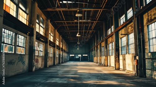 An empty warehouse with tall windows high ceilings and a single overhead hanging lamp AI generated illustration