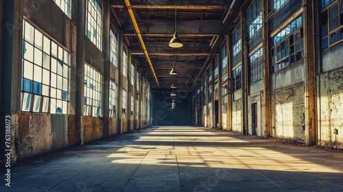 An empty warehouse with tall windows high ceilings and a single overhead hanging lamp AI generated illustration photo