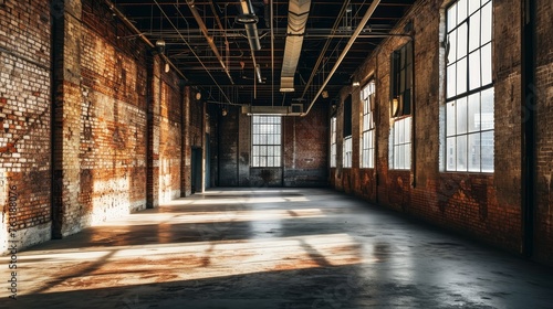 An empty warehouse with exposed brick walls AI generated illustration