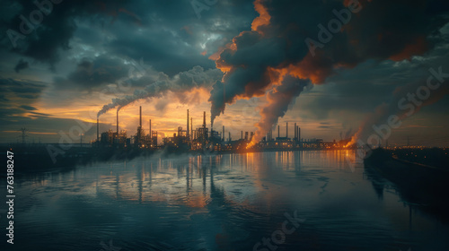 A twilight view of an industrial area with multiple smokestacks emitting plumes of smoke into the sky, reflecting over calm water.