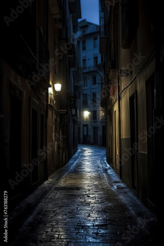 narrow  wet alleyway at night  illuminated by street lamps  between tall  old buildings  creating a serene yet mysterious atmosphere