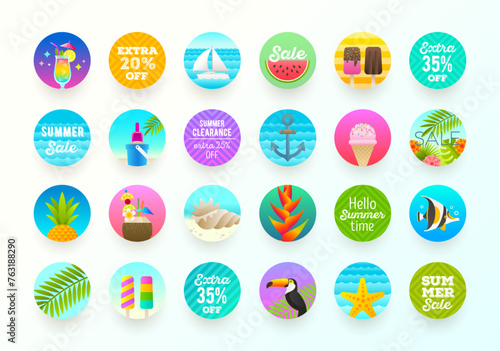 Set of summer vacation and travel label, tag and sticker. Vector illustration. Design elements.