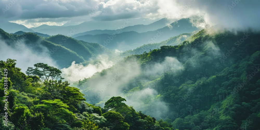 Tropical green mountains with mist. Cloudy foggy sky backdrop. Generative AI