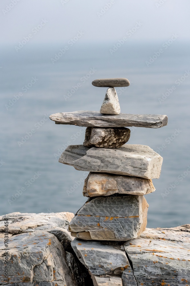 A photograph of an inukshuk, balanced on top of rocks and stacked against the backdrop of the sea horizon