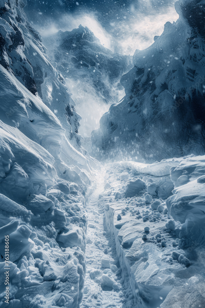 A snowy mountain pass with deep snowdrifts lining the sides under a clear, starry night sky. Gentle snowfall and a narrow path meander between the rugged