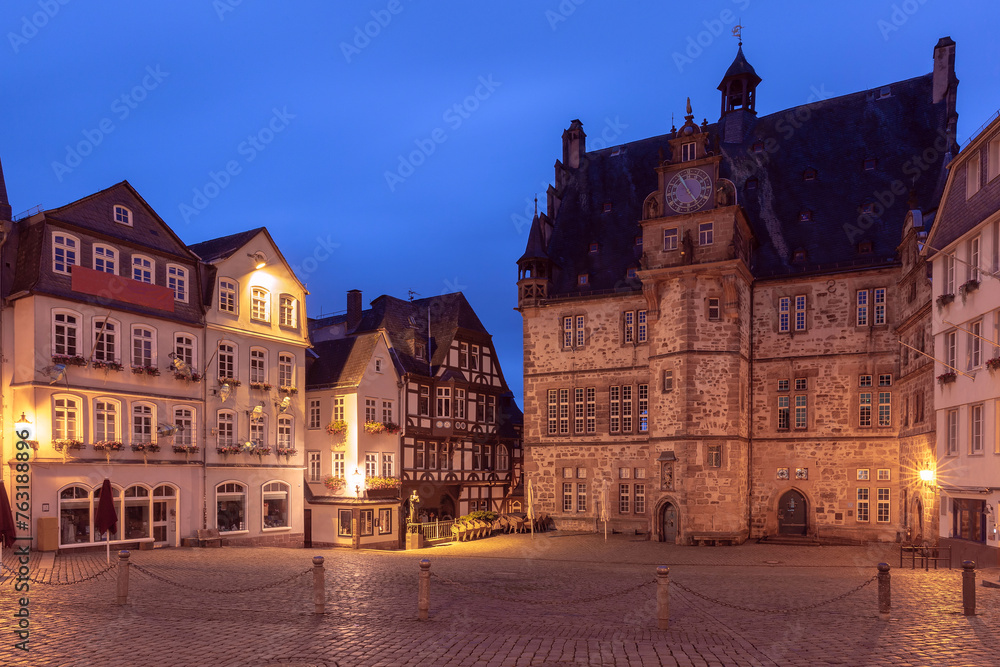 Night medieval Old Town Hall square with half-timbered houses, Marburg an der Lahn, Hesse, Germany