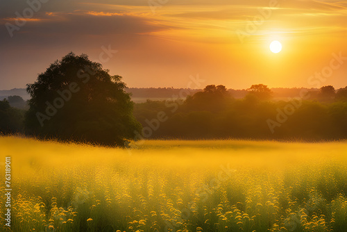 sunset field landscape of yellow flowers 