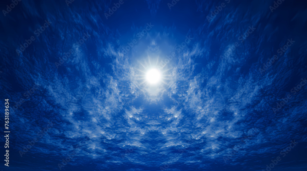 Blue Mystical Sky, Looking Up From Below, Blue, Clouds Flowing Into The Center - A Sun Shining In The Sky