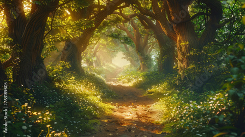 A mystical forest pathway illuminated by sunlight filtering through the dense foliage, creating a warm, enchanting atmosphere.