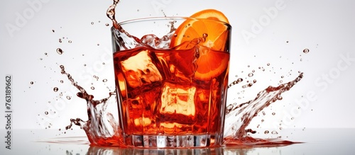 A rectangular glass filled with vibrant red liquid and ice cubes, topped with an orange slice splashing out, creating a stunning fluid art masterpiece © 2rogan