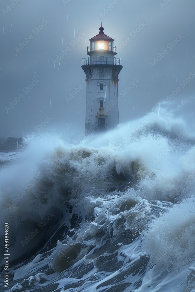 A majestic lighthouse stands resolute against a stormy background, with waves crashing around its base and heavy rainfall blurring the scene.