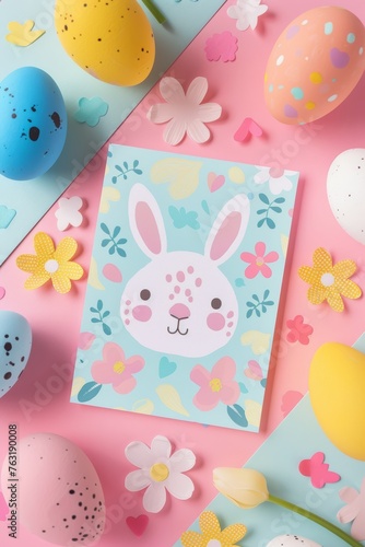 A card with a colorful hand drawn illustration of an easter bunny surrounded by pastel eggs and spring flowers against a flat lay background in vibrant colors, using simple, cute shapes 